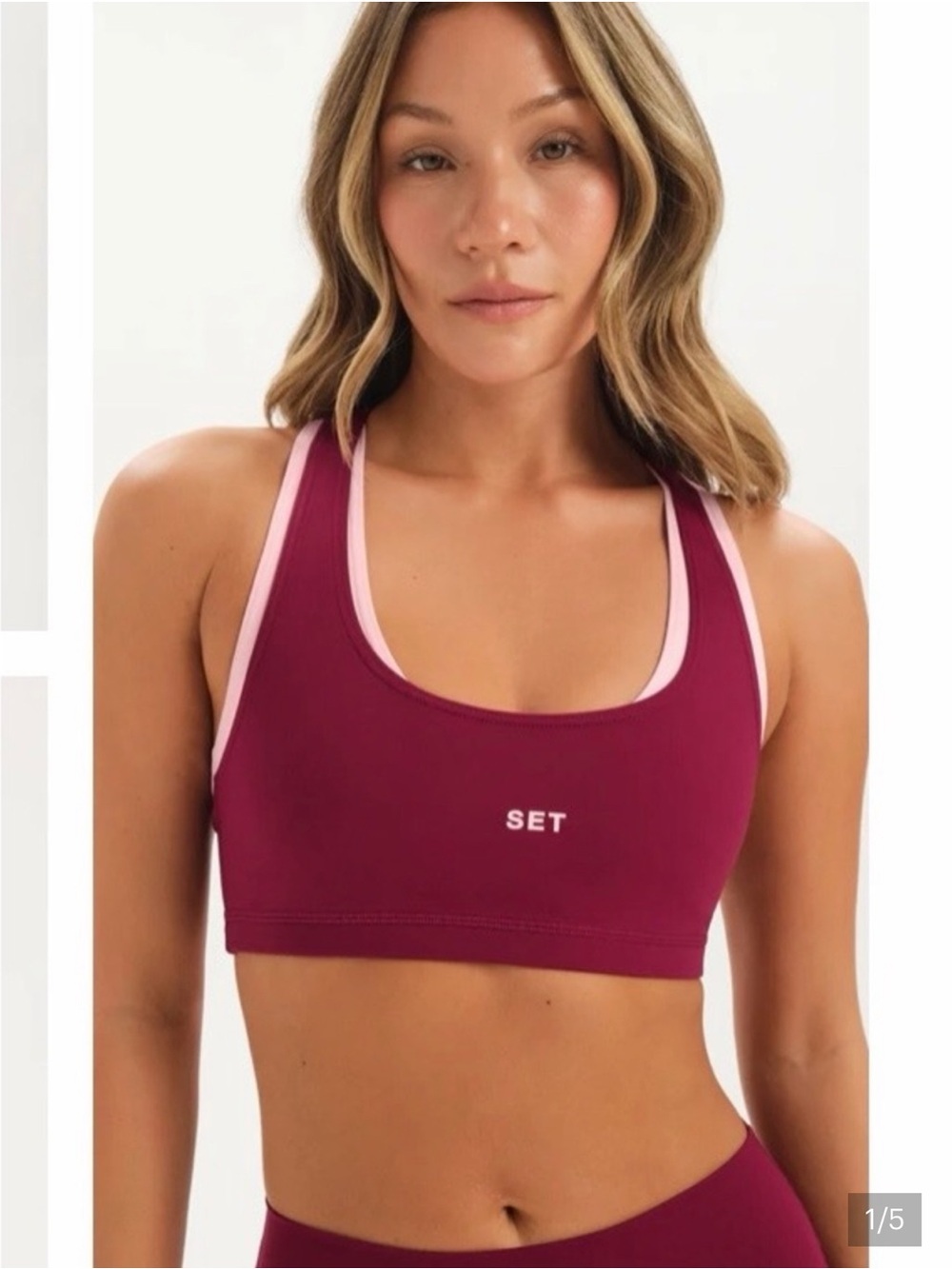 SET Active Burgundy Sports Bra with Light Pink Trim